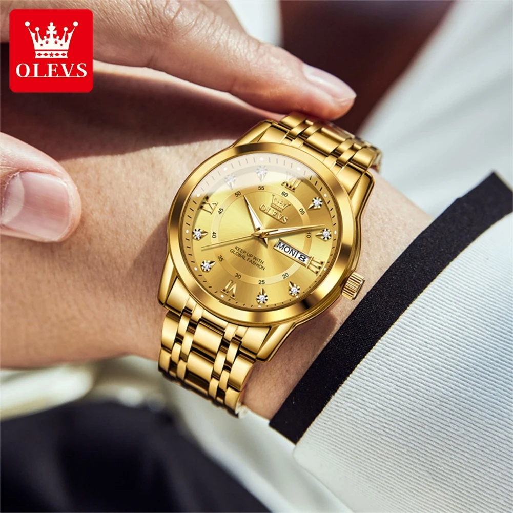 OLEVS Luxury Men Quartz Watch Waterproof Date Week Luminous Wristwatch Stainless Steel Men's Watches Male Clock Sports Reloj