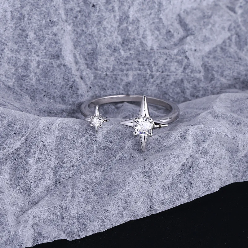 PANJBJ-925 Estrela de quatro pontas de prata esterlina brilhando anel de zircão, abertura personalizada, jóias ajustáveis, high-end