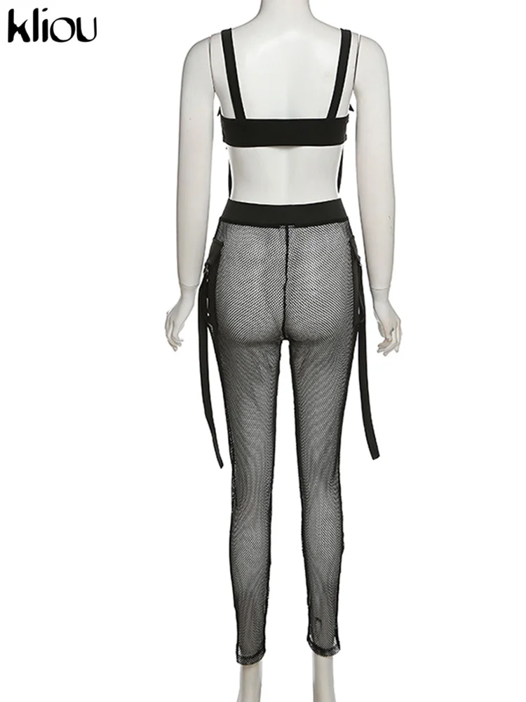 Kliou Sexy Seductive Two Piece Set Women Skinny Ribbons Lace Up Crop Tops+ Mesh Patchwork See Through Pants Matching Clubwear