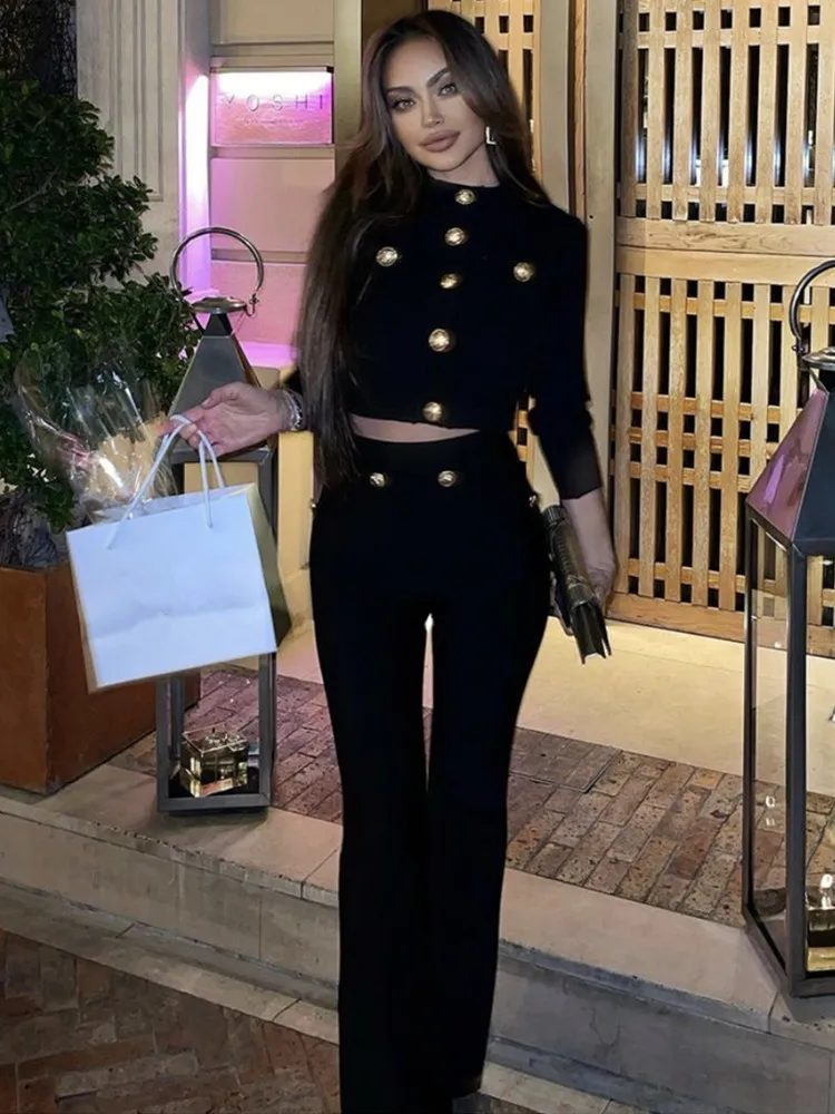 

Women Elegant Black 2 Piece Outfits Bandage Bodycon Gold Buttons Long Sleeve Crop Top High Waist Flare Pants Suits High Street
