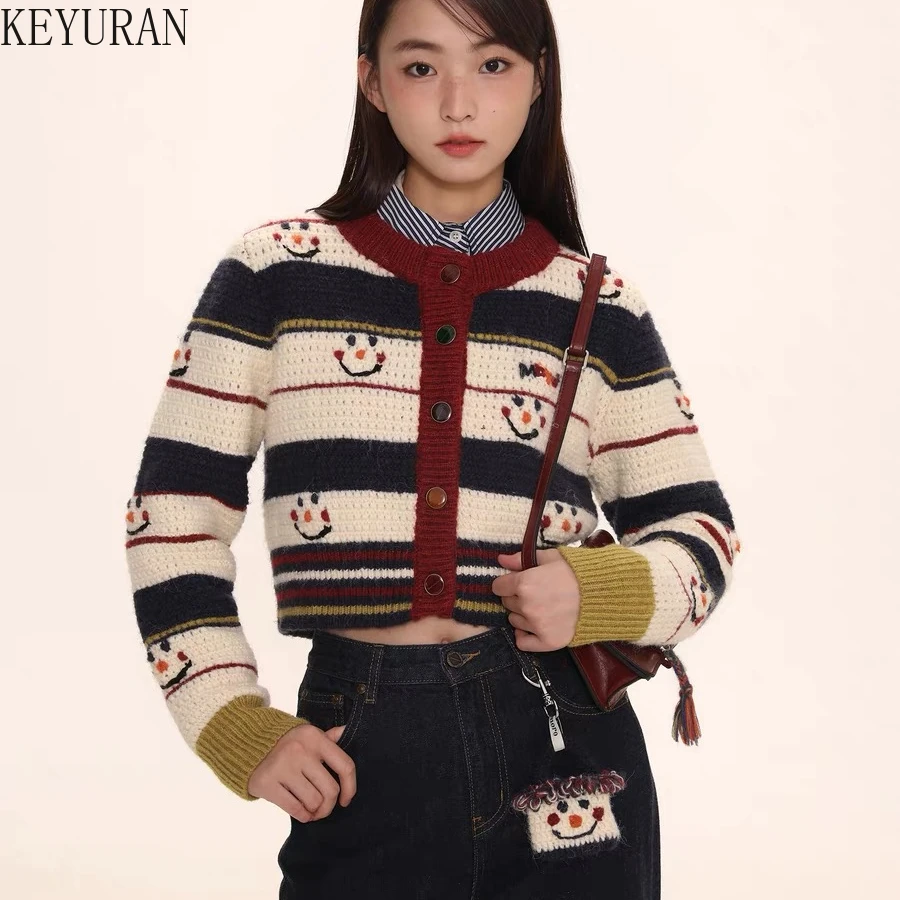 

Укороченный вязаный кардиган в полоску с вышивкой, свитер, Женская винтажная Модная трикотажная одежда с круглым вырезом и длинным рукавом, топы, пальто, джемпер для женщин