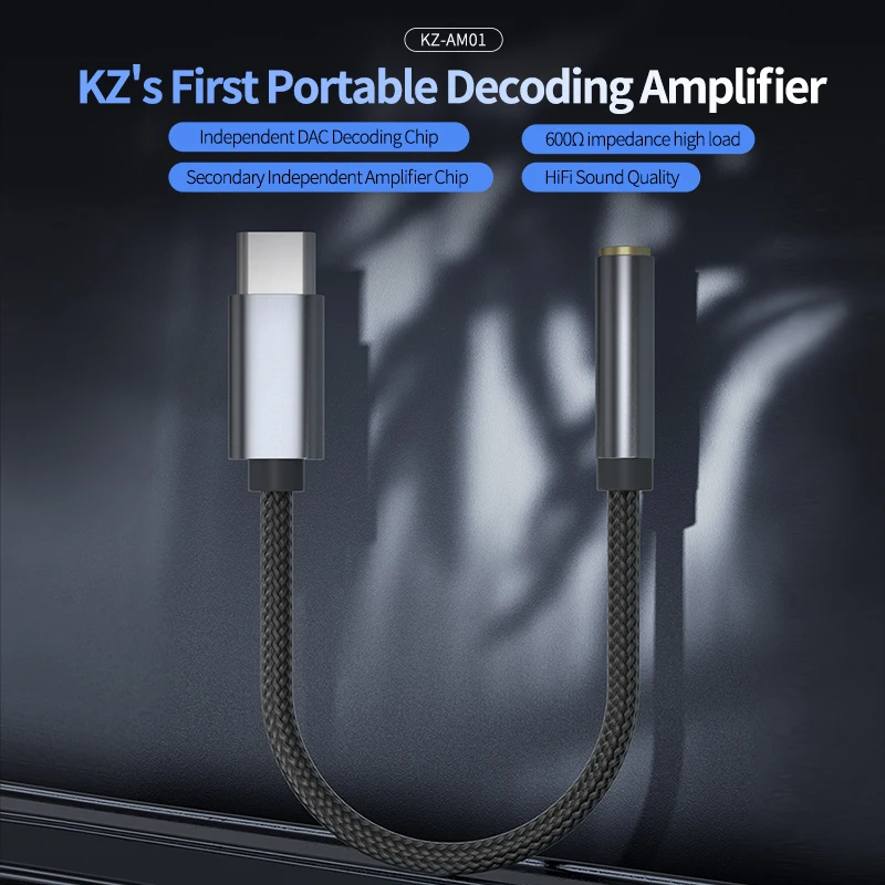 

KZ Type-C to 3.5mm Audio Adapter 32bit/384kHz Hi-Fi DAC + IC Amplifier Dual Chip Earphone Audio Cable AM01