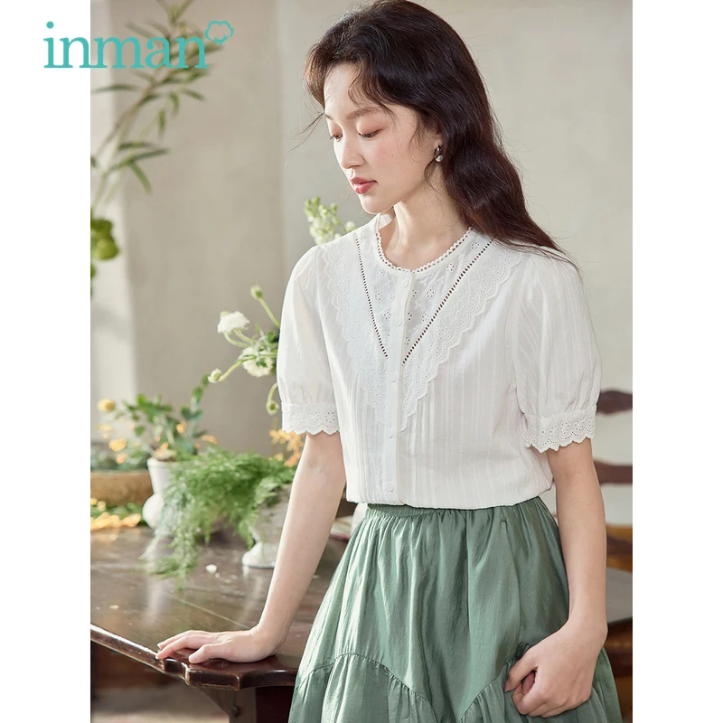 INMAN Women Blouse 2023 Summer Puff Sleeve Round Neck Slim Shirt Splicing Hollow Lace Pure Cotton Comfort White Green Pink Tops lingerie lace splicing hollow out lingerie set in green size xl