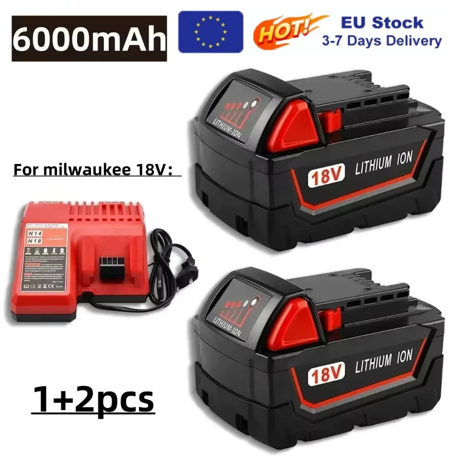 For Milwaukee M18 Power Tool Battery, Charger, 18V 6000mAh, BR, XC, 18V, M18B5,, Built-in 18650 Battery