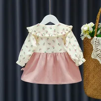 New Girls' Large Polo Collar Spring and Autumn Dress Children's Flower Print Spliced Solid Color 3D Flower Princess Dress 2
