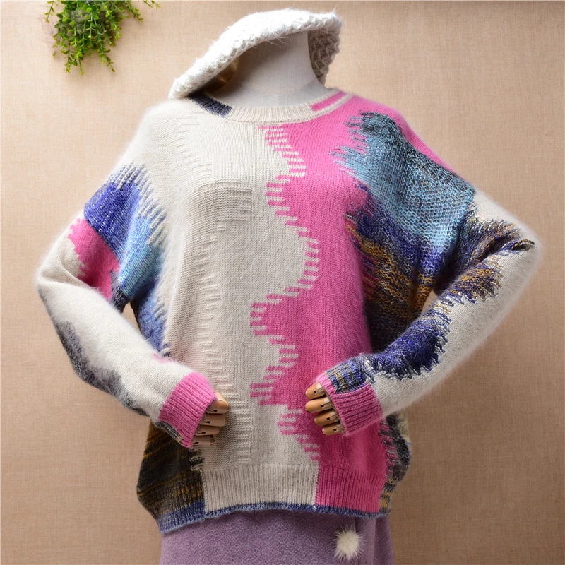 

04 Ladies Women Fall Winter Colored Printing Hairy Angora Rabbit Hair Knitted O-Neck Long Sleeves Loose Pullover Jumper Sweater