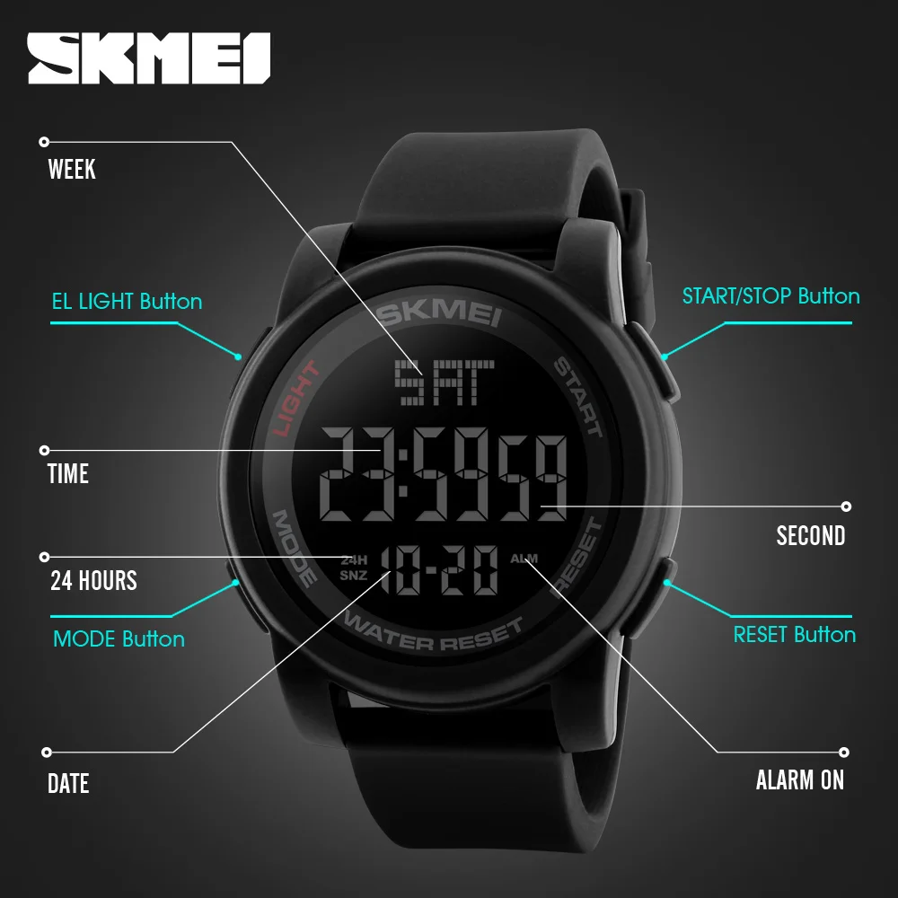 SKMEI 1257 reloj hombre Sport Watch Men Alarm Clock 5Bar Waterproof Watches Multifunction Digital Watch 5