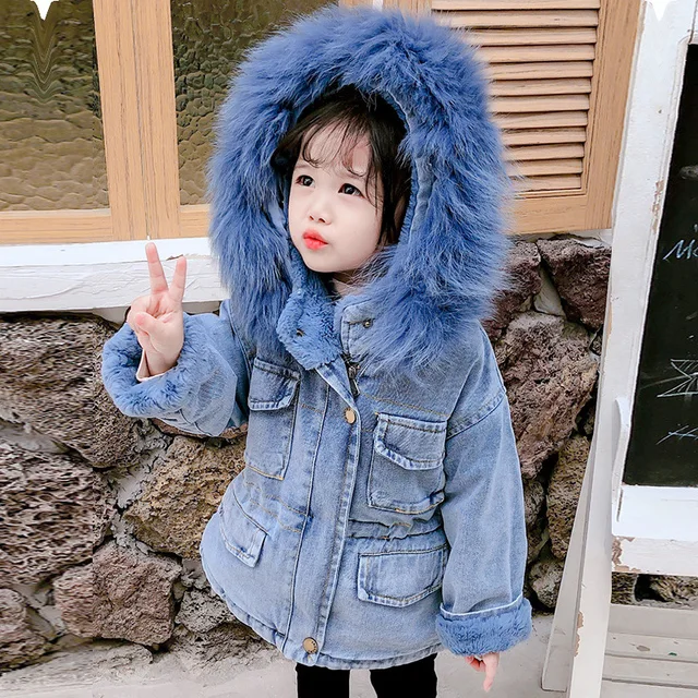 Fleece Lined Denim Fur Jacket With Hood Baby Jean Jacket Winter