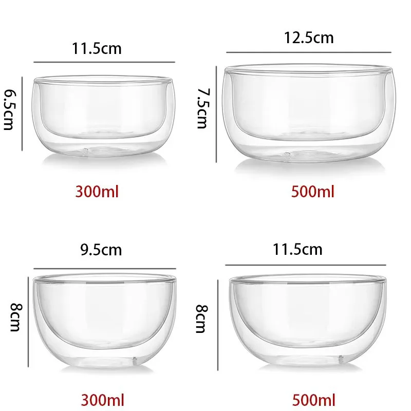 YWDL 이중벽 유리볼 300ml/500ml 고붕규산염 디저트 볼 서빙볼 (샐러드, 요거트, 아이스크림, 수프용)