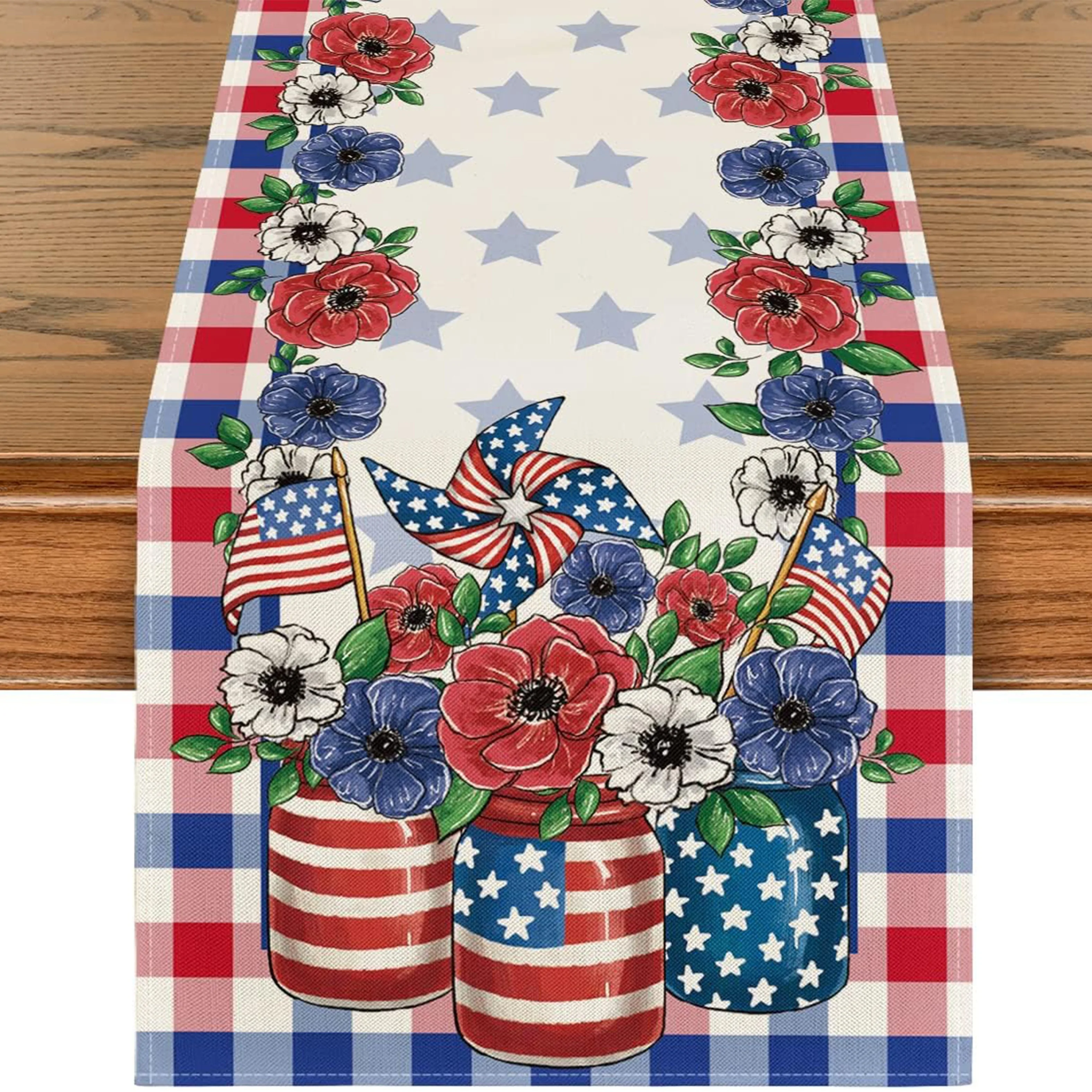 

Patriotic American Flag Floral Buffalo Plaid Pattern Linen Table Runners Independence Day Theme Holiday Party Dining Table Decor