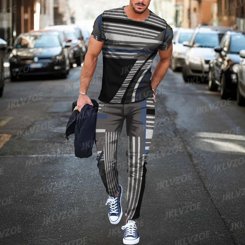 Summer Men's Breathable Set 2-Piece Fashion Quick Drying Short Sleeve T-Shirt+Sports Pants 3D Print Checkered Line Crew Neck