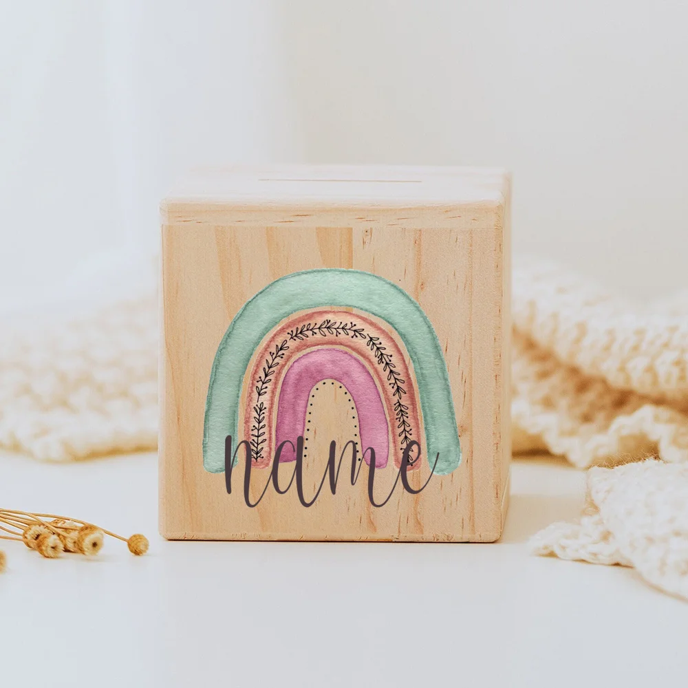 Wooden Money Box Personalized Rainbow with Name Child Coin Bank Coin Collection Case Birthday Holiday Gift for Kids
