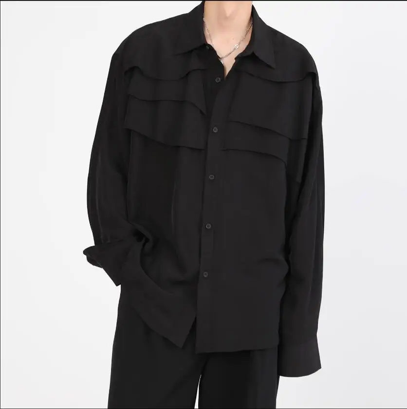 Autumn Yamamoto Yoshi Wind Niche Design Men Black Long-Sleeved Shirt Art High-Grade Top Hair Stylist Singer Coats Costumes