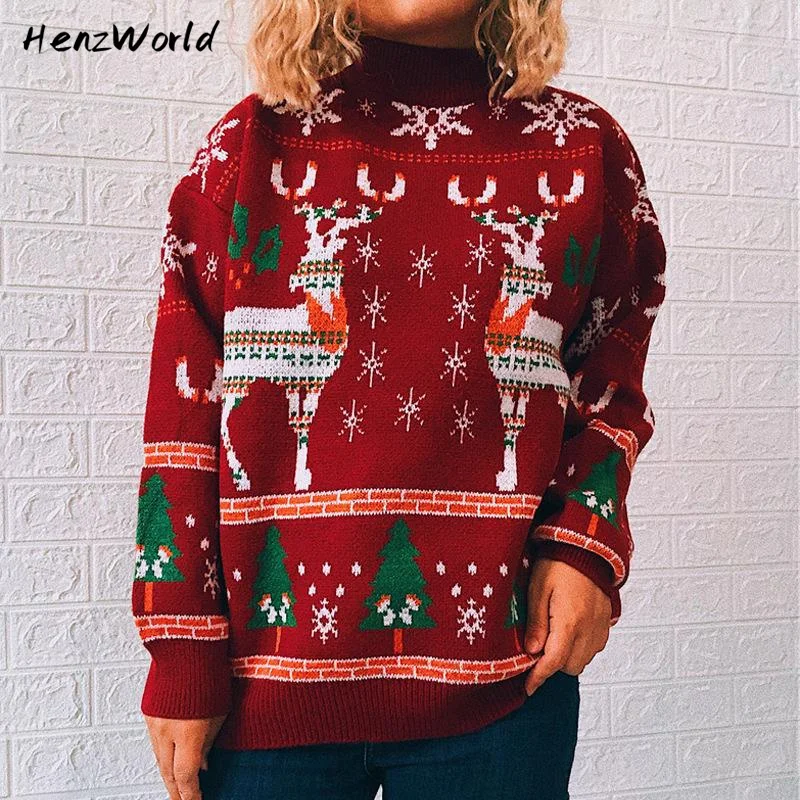 

Y2k Knitted Sweater Women Winter New Christmas Traf Dress Elk Snowflake Print Crew Neck Official Pullovers Female Knitwears