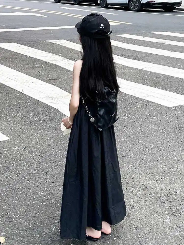 Girls Summer Dress Elegant Children's Clothing Sleeveless Vest Dress Long Skirt Simple Style Daily Wear Pure Color A-Line Skirt - 5