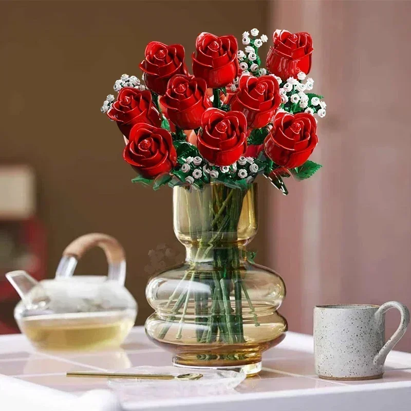 822PCS Rose Flower Bouquet Building Blocks Creative Home Desk Plant Decoration Assemble Bricks Toys For Gifts Girls Lady building block toys