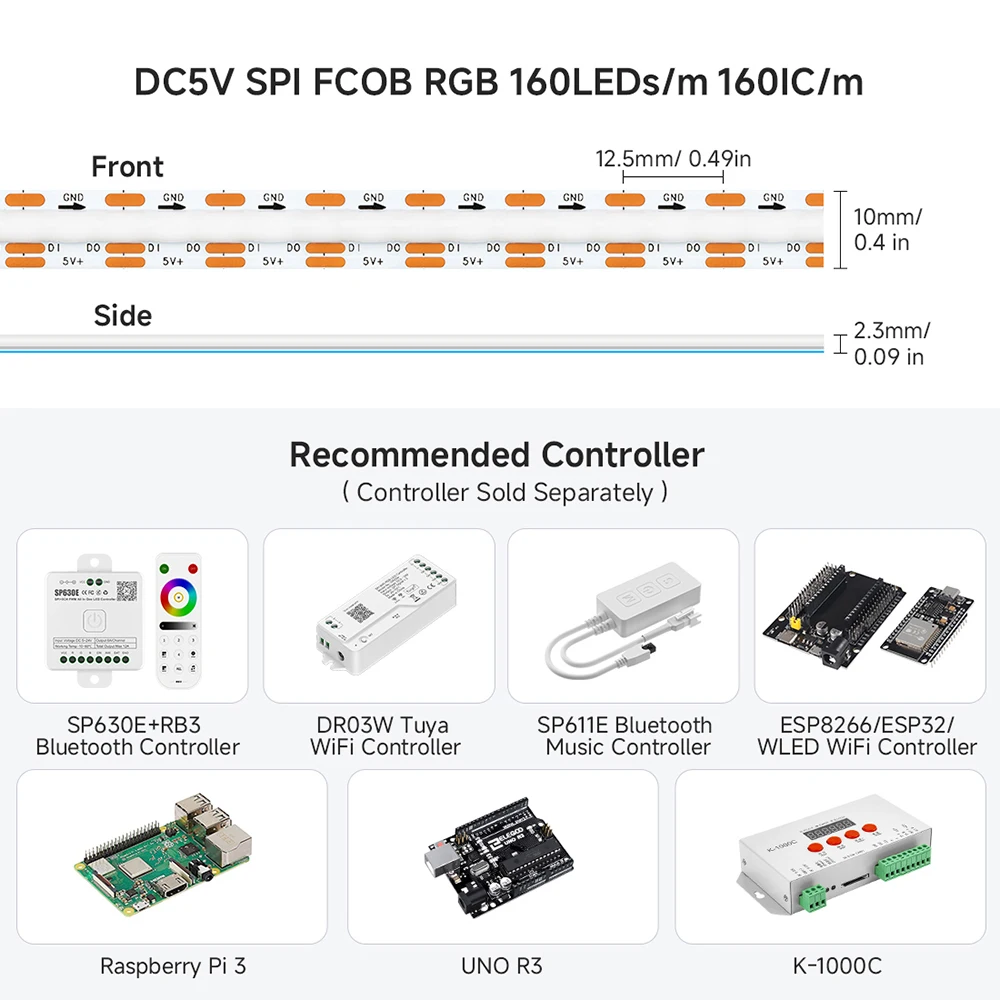 FCOB SPI RGB IC LED 라이트 스트립 DC5V WS2812B 개별 주소 지정 가능 160 LED 스마트 픽셀 매직 플렉시블 COB 라이트 RA90 IP30