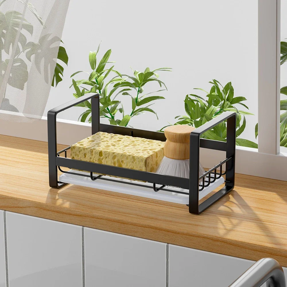 

Stainless Steel Sponge Holder Kitchen Sink Rag Racks Stand Cleaning Brush Soap Organizer Black Silver Storage Rack Drain Tray