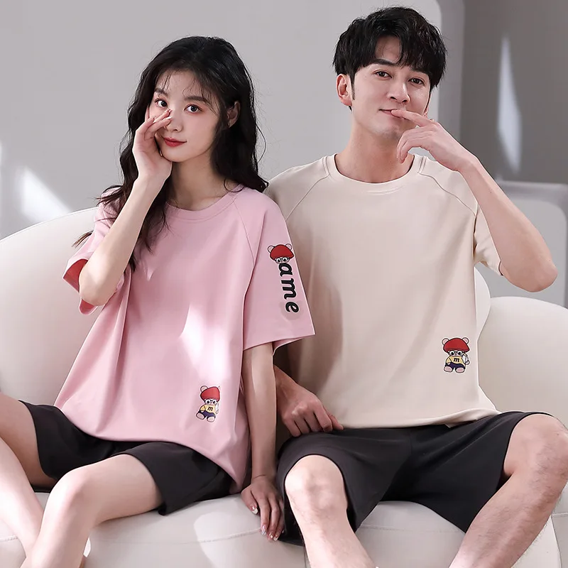 High Quality 100% Cotton Korean Fashion Pajamas Set for Couple Summer Shorts Sleepwear Men and Women Matching Nightwear Dropship
