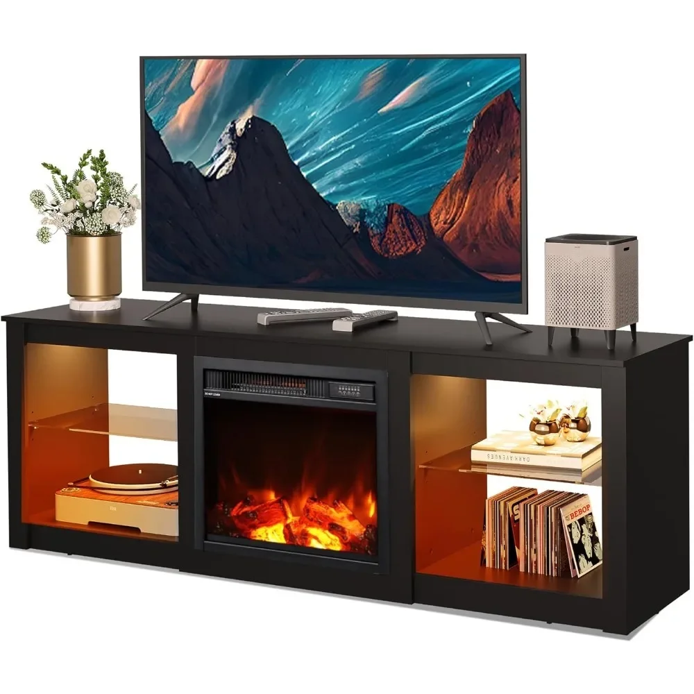 Fireplace TV Stand, Fireplace TV Console with LED Lights,Modern TV Stand for Living Room, Entertainment Console with Glass 2
