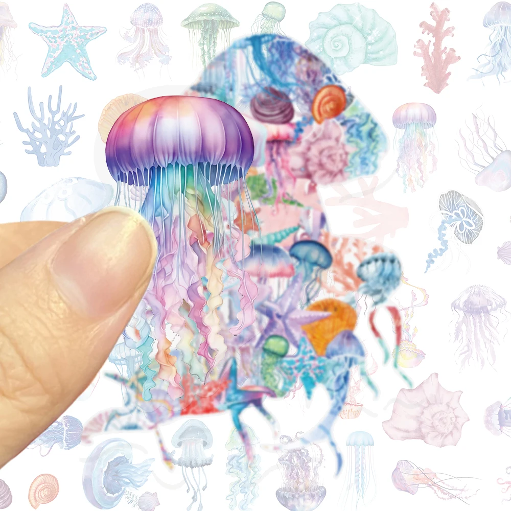 ?   50PCS 꿈같은 예술 열대어 PET 스티커 해파리 불가사리 조개 산호 스티커 장 프레임 선물 데칼