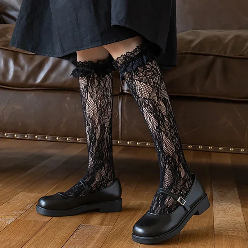 Summer Thin Lace Mesh JK Lolita Frilly Stockings Cute Mother Kids Ruffle White Black Knee High Long Socks for Girls Children