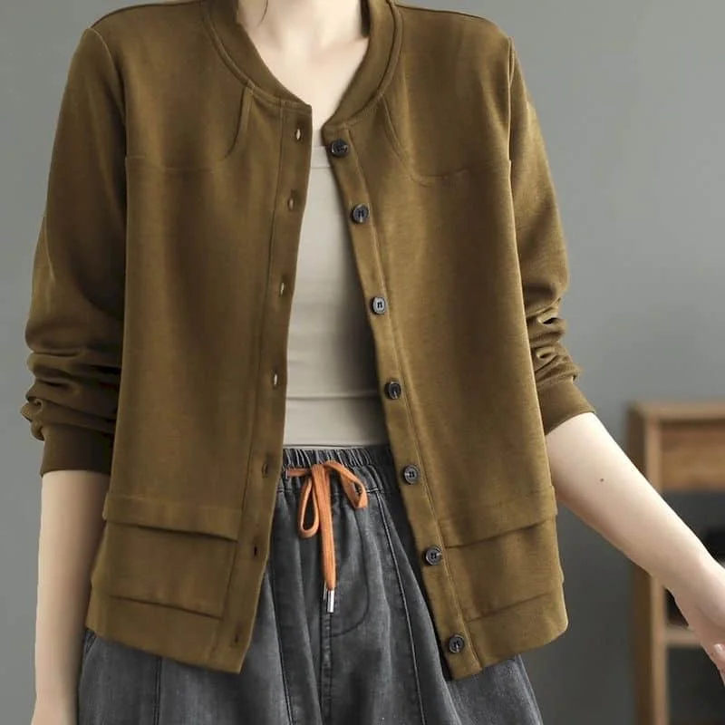 thumbnail image 1 of Chaquetas para mujer, ropa de moda coreana, holgadas, de gran tamaño, con cuello redondo, cárdigans sólidos, abrigos de manga larga con una sola botonadura, blusas para mujer, 1 of 4