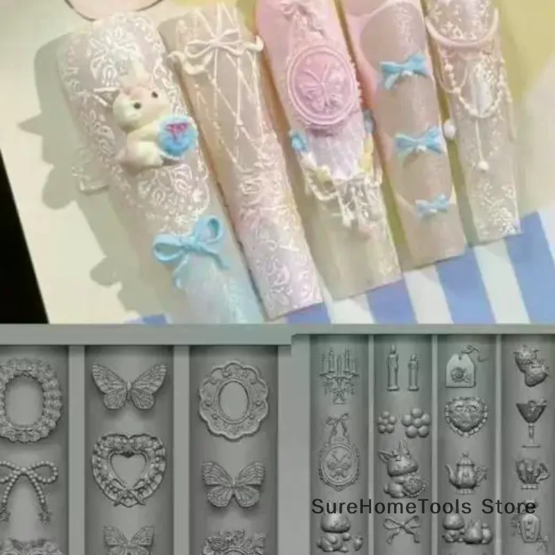 3D Silicone Nail Art Mold Relief Bow Strawberry Baroque Pattern Manicure Templates Plates for DIY Nail Design Tools Accessories