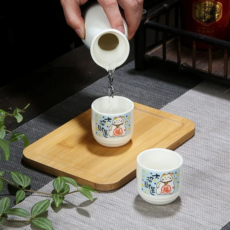 Retro Japanese Sake Wine Set Hand-painted Lucky Cat Ceramics Pot Cups Set