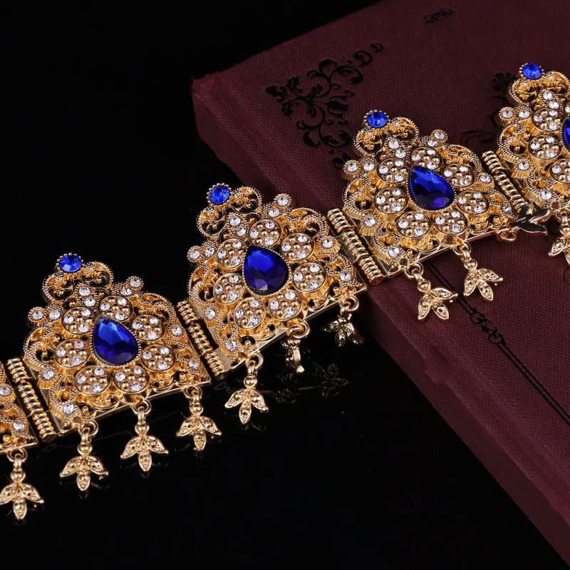 Water Drop Crystal Bridal Hair Chain Colorful Rhinestone Algerian Women Gold Plated Hair Jewelry Big Tiaras and Crowns