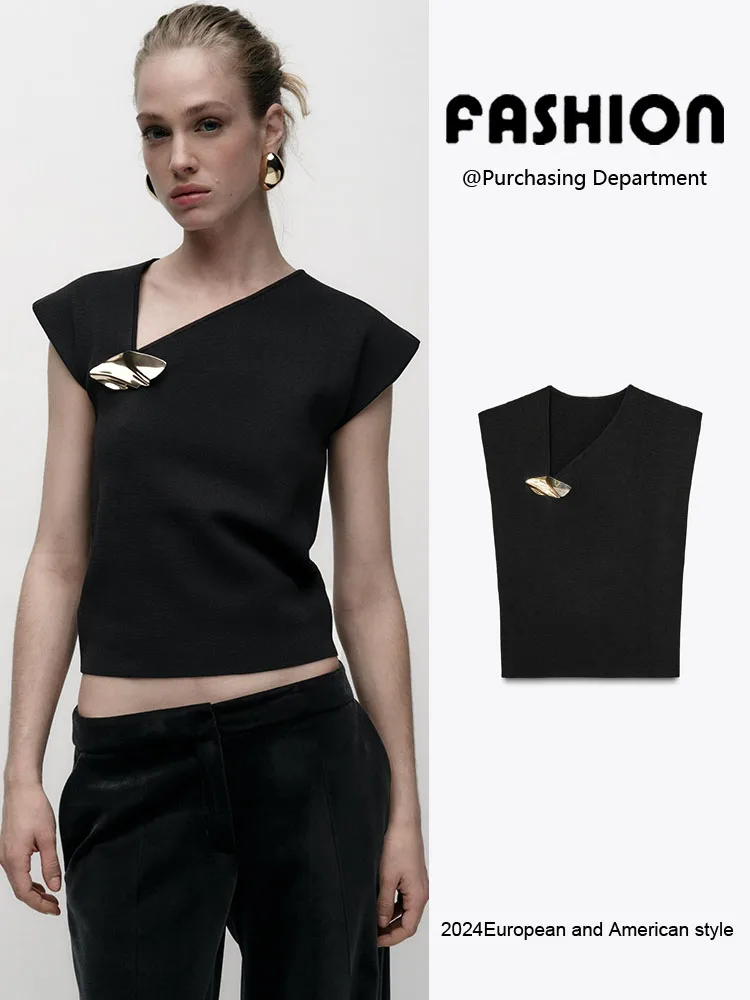 New Summer 2025 Women's Knitted Top Gold Embellied Versatile Asymmetrical Design Commute Sle Slim Fit Regular Length
