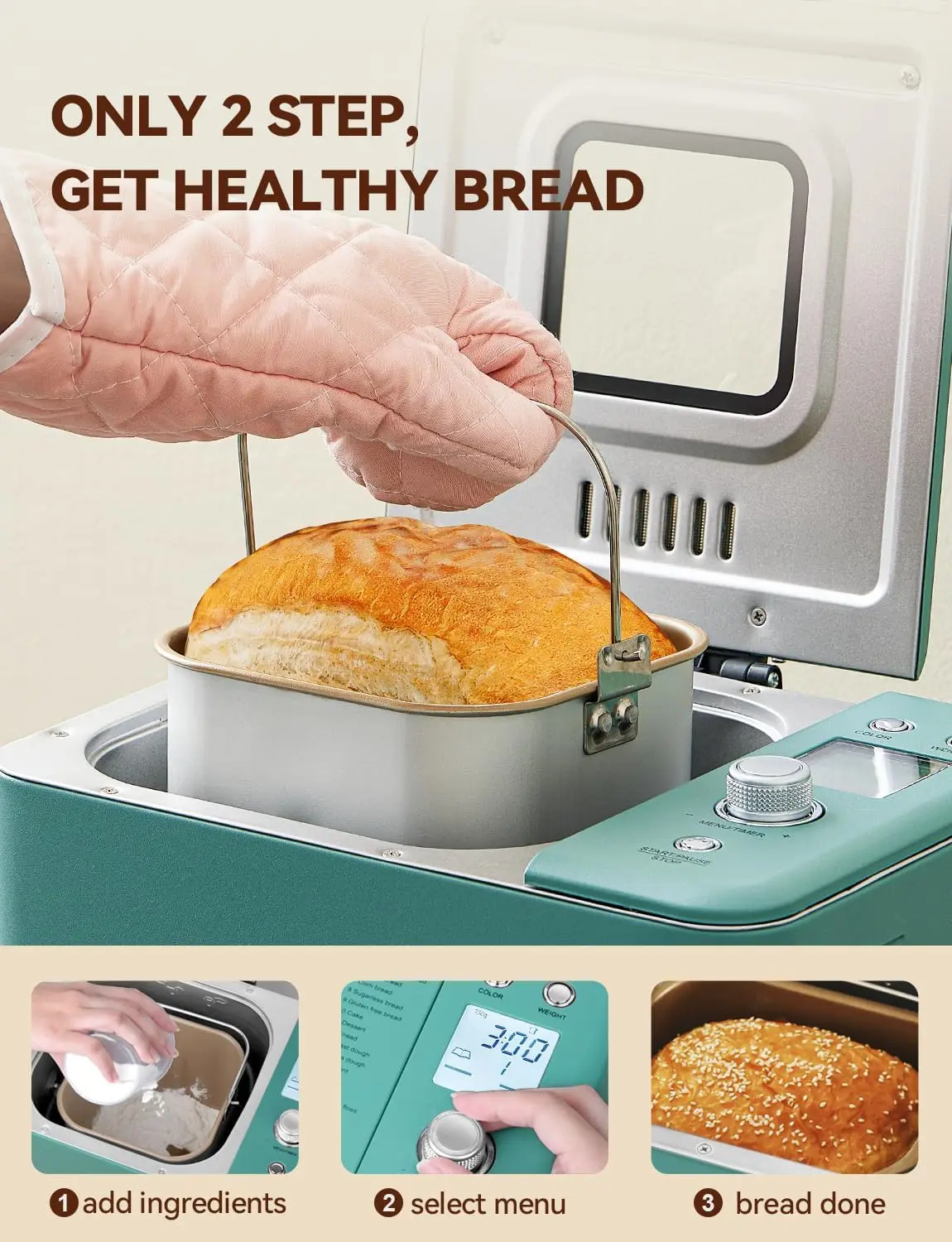 Dual Heater 2LB Bread Machine Metal Material & Nonstick Ceramic Pan Compact Bread Maker Machines 4