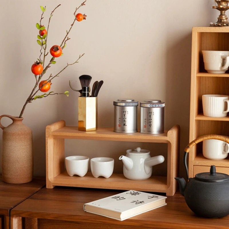 

Minimalist Cherry Wood Tabletop Shelf-Solid Timber Coffee Cup And Tea Set Storage Rack Elegant Kitchen Or Dining Room Accessory