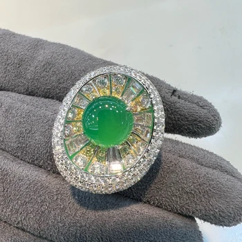 Wong Rain Vintage 925 Sterling Silver Natural Green Jade High Carbon Diamond Gemstone Ring for Women Jewelry Anniversary Gifts