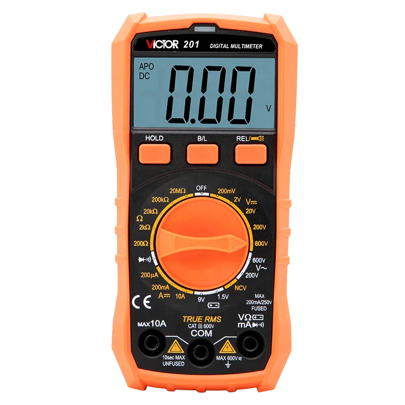 VICTOR 201 1999 Counts LCD Display Smart True RMS Digital MultimeterS Manual Range AC DC 600V 10 Amp 1.5V/9V Battery Measurement