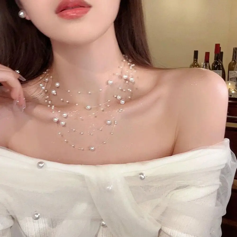 Elegant White Pearl Choker Necklace Women's Clavicle Chain Autumn/Winter Fairy Sweater Chain Multi-Layer Beaded Chain Necklace