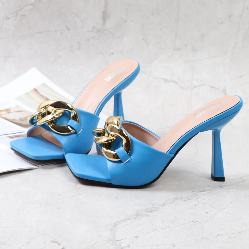 Women's Slippers 2022 Summer New PU Square Toe Chain Decorative High Heel Shoes Thin Heel Fashion Outer Women's Modern Slippers