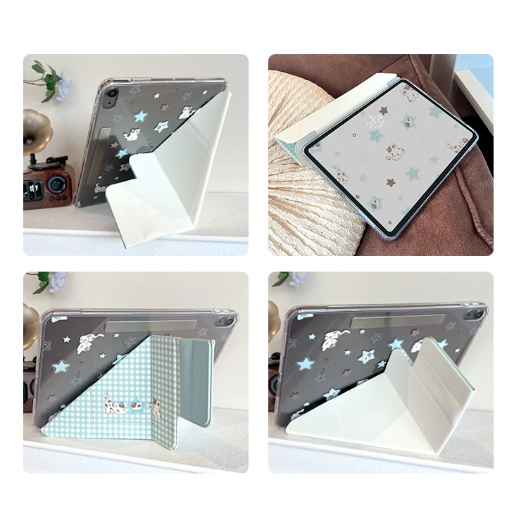 Blue Plaid Cat Magnetic Detachable Tablet Case with Acrylic Shell and PU Cover, Y-Fold Design