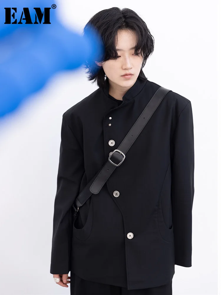 

[EAM] Women Black Asymmetry Button Big Size Blazer New Stand Collar Long Sleeve Jacket Fashion Tide Spring Summer 2023 1DF3670