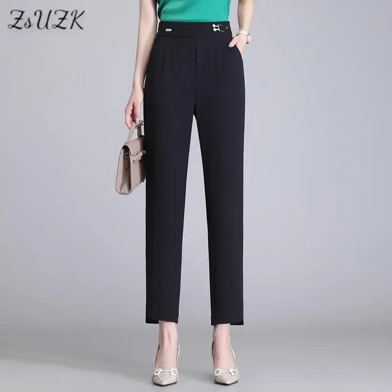 

ZUZK Summer Cool Women Black Pencil Pants Thin Droop Ice Silk Slim Casual Trousers Lady's Suit Pants Profession Wear Trousers