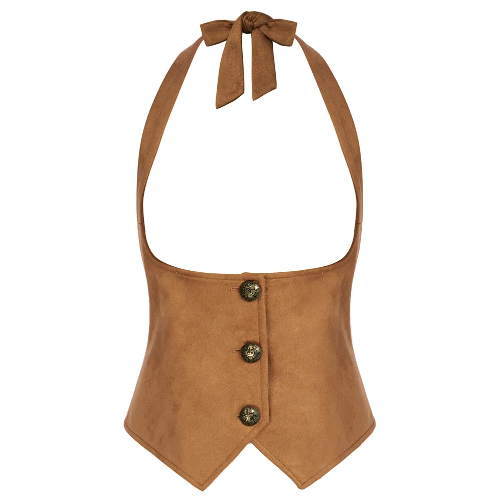

SD Women Steampunk Underbust Waist Belt Corset Vintage Waistcoats Brown Halterneck Handkerchief Hem Faux Suede Under Bust Vest