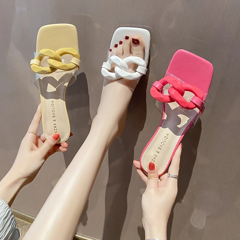 

Transparent PVC Women Slippers Chain Sandals Shoes Summer Low Heels Flip Flops Dress 2024 Designer Casual Zapatos Mujer Slides