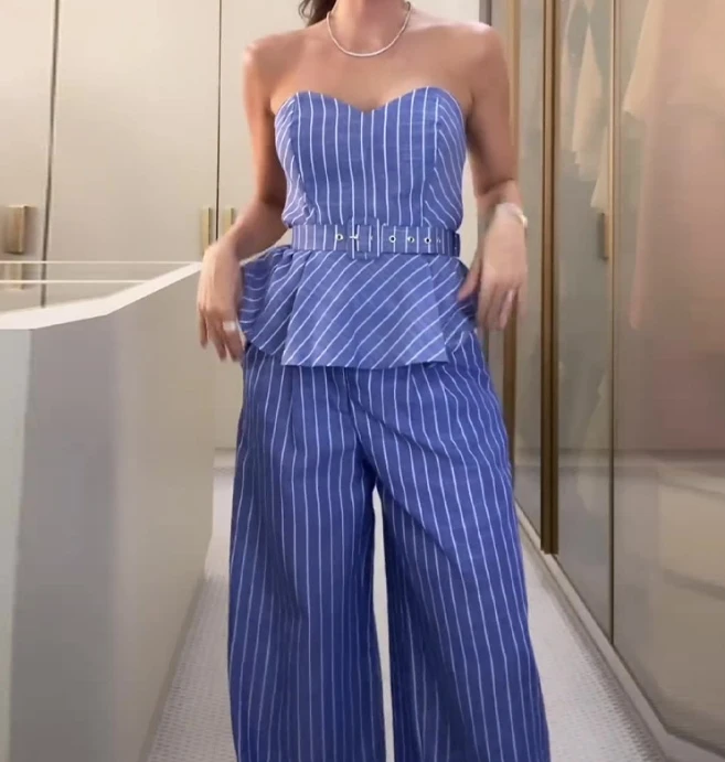 Fashion Two Piece Set Women Outfit 2024 Striped Printed Strapless Tops Sleeveless High Waist Casual Wide Leg Pocket Pants Set