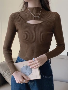 الخريف الشتاء مثير الجوف خارج النساء البلوزات ضئيلة Vintage البلوز لينة الدافئة سحب الإناث عارضة الياقة المدورة البلوفرات محبوك القمم 4