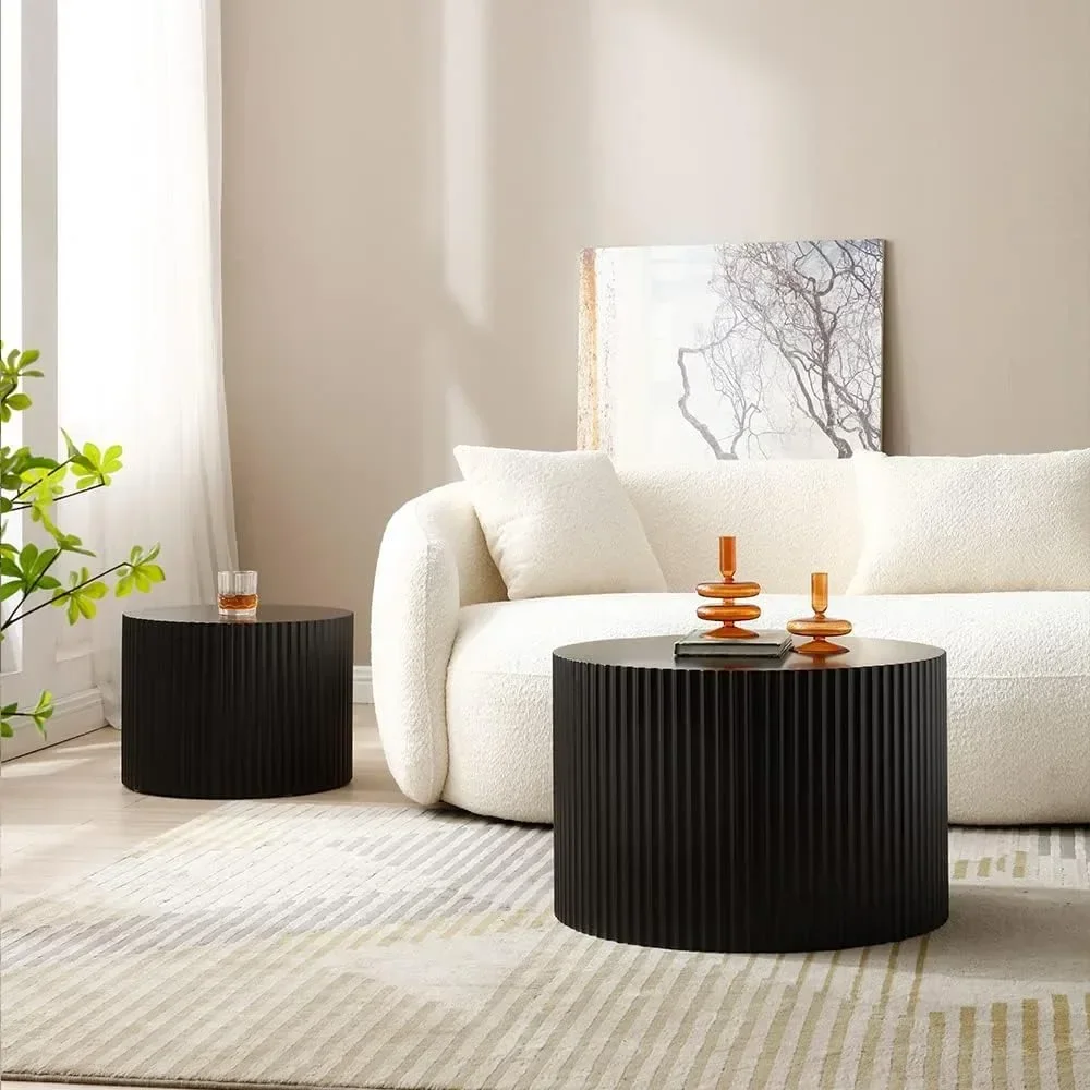 Black Round Coffee Table Set of 2,Nesting Coffee Tables for Living Room,Modern Wooden Side Tables for Apartment,No Need Assembly