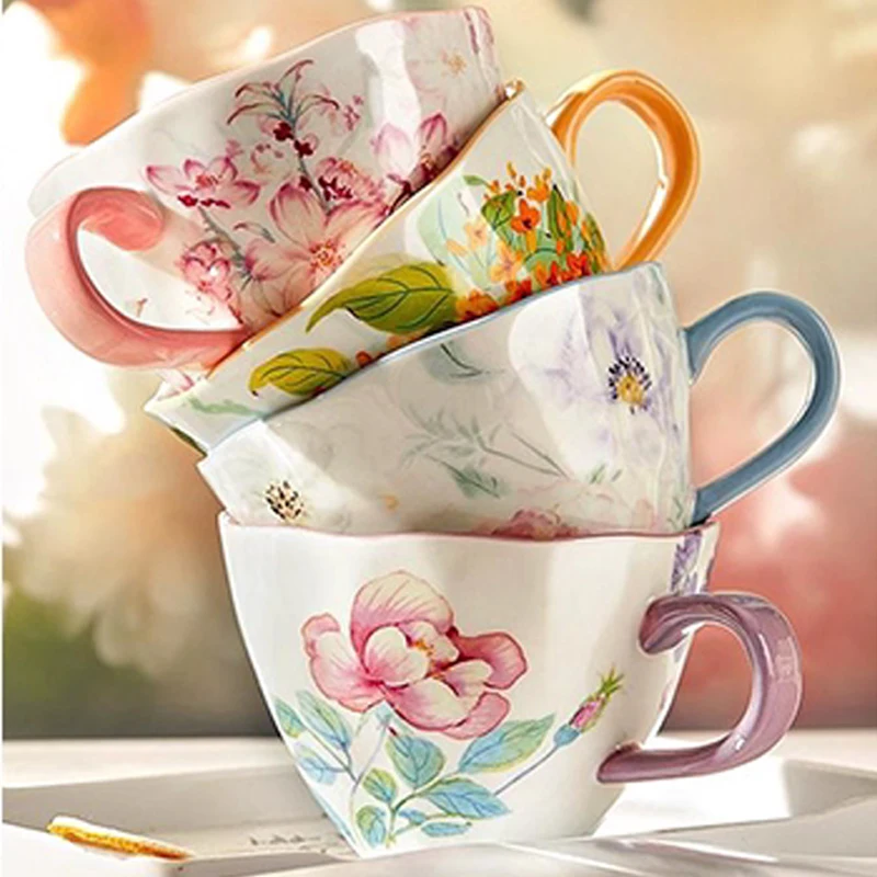 Chinese Style Ceramic Gift Cute Mug, Home Personal Office Creative Hand Drawn Flower Patterns, Milk Water Coffee Cup, 350ml, 1Pc