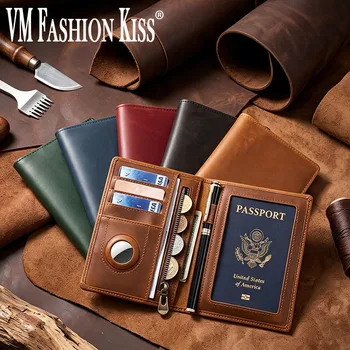 Portafoglio per passaporto in pelle Crazy Horse, porta carte, portamonete, slot per AirTag, portafoglio da viaggio da uomo, borsa da donna, custodia per passaporto
