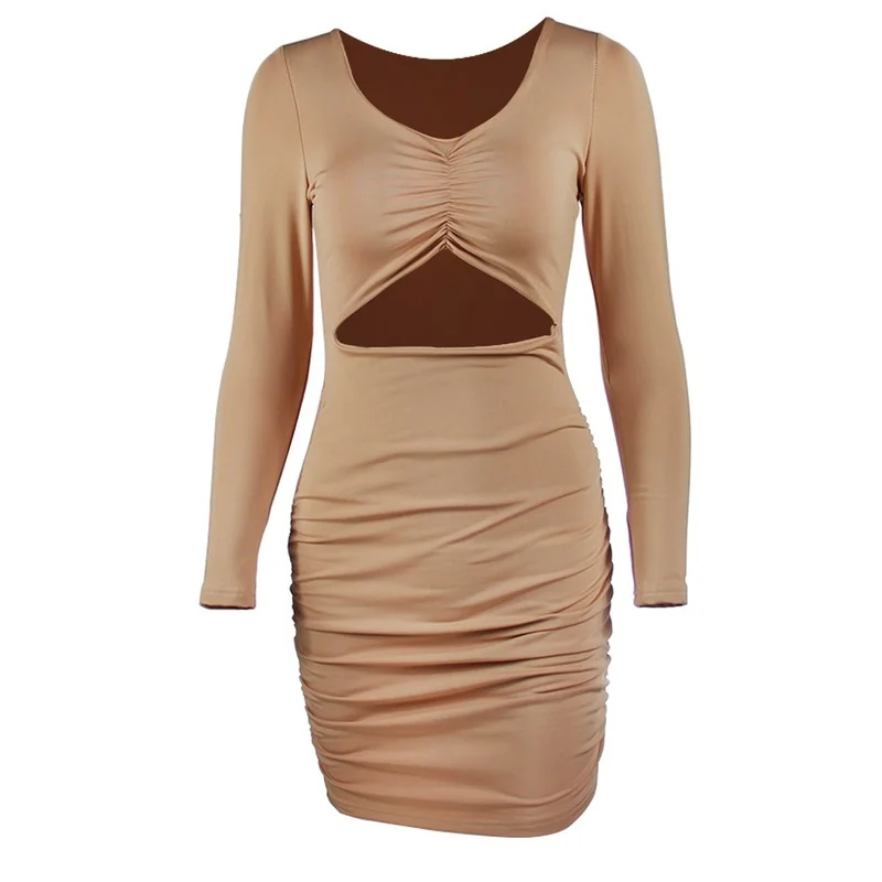 

Autumn New Women's Long-sleeved Sexy V-neck Slim-fitting Dress with Hollowed Air Quality Package Hip Skirt Short Skirt 2023