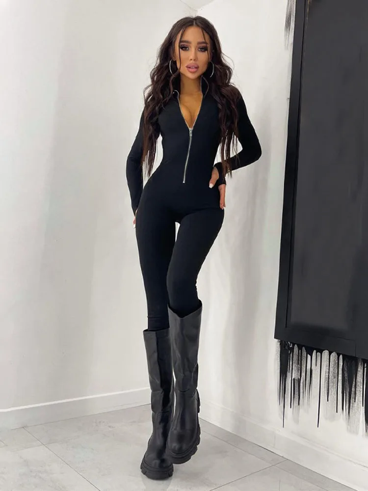 Solid Color Long Sleeved Women's Jumpsuit Sports 2023 Autumn Black Half High Neck Waist Wrap Slim Tight for Yoga Training, Run