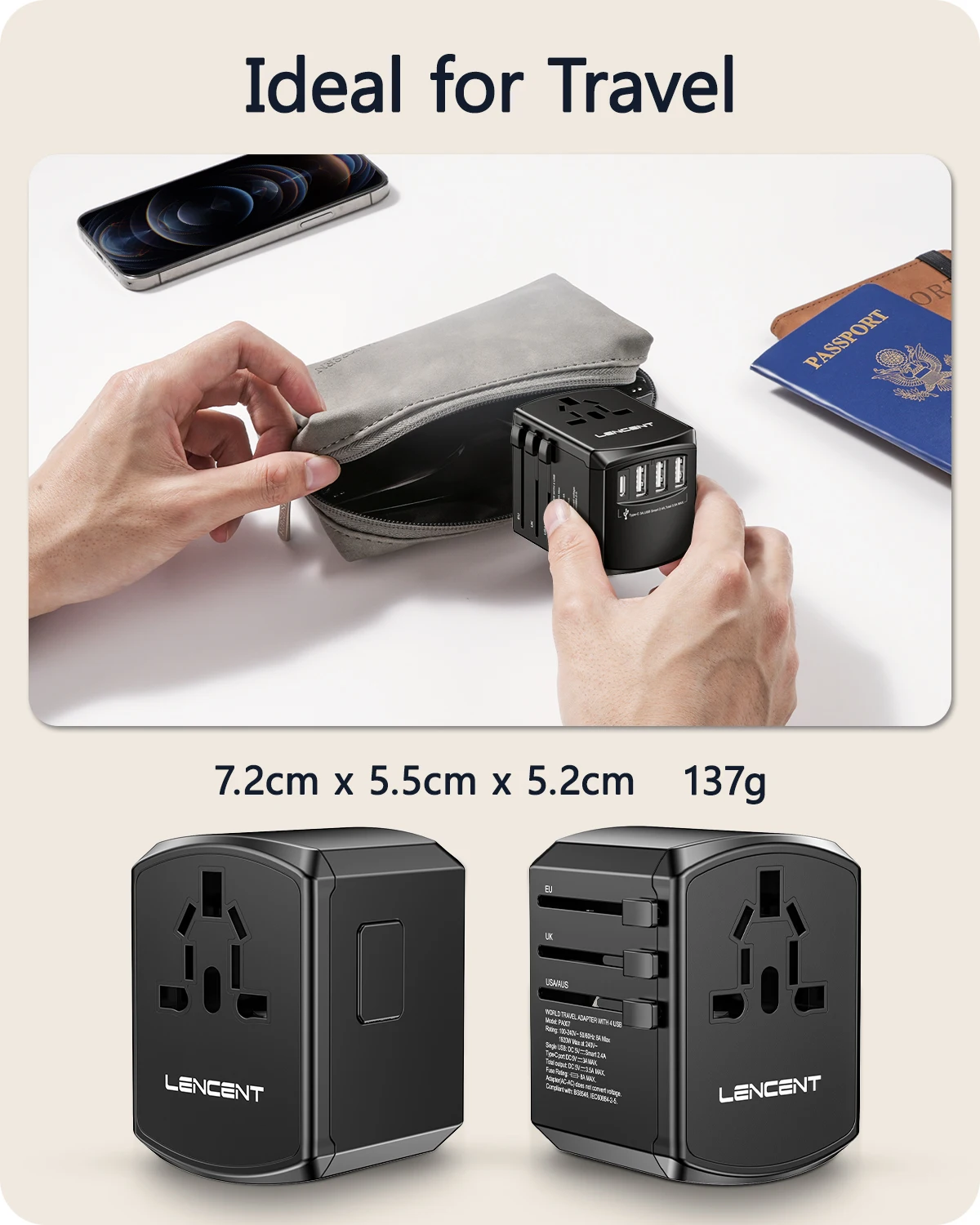 Adattatore Da Viaggio Universale GaN 45W | 2 USB-A + 2 USB-C + Presa, Per Oltre 150 Paesi (EU/USA/UK/AUS) - 3